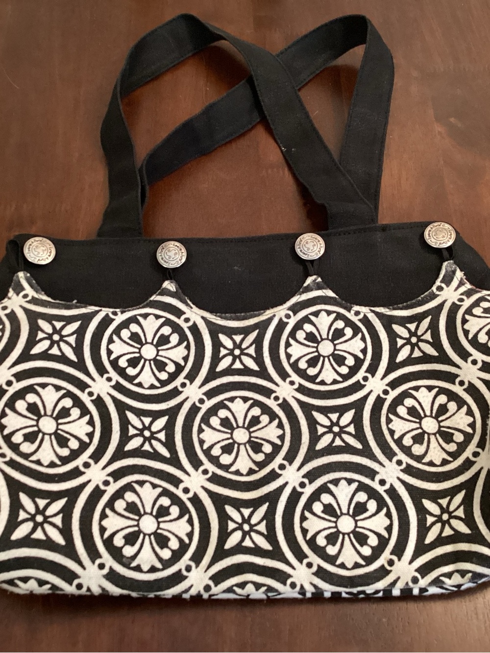 Reversible Tote - Black and White Printed Canvas Tote with Decorative Buttons